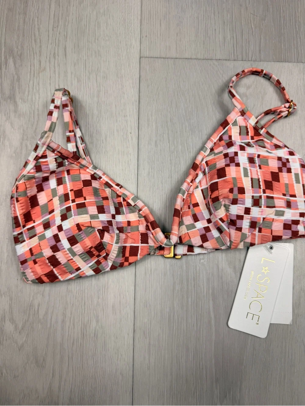 L*Space Helena Bikini Top Plaid Textured Pink Orange XS NWT Swim